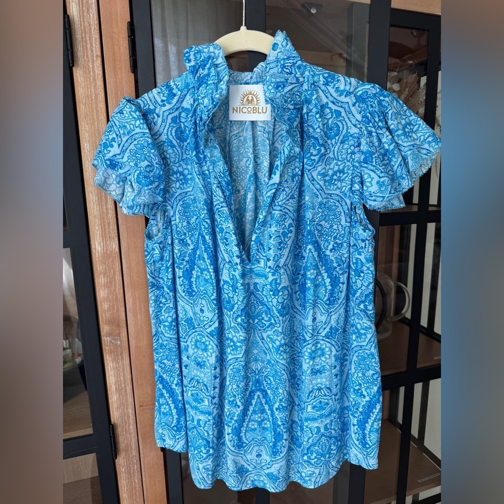 NicoBlu Chloe Flutter Sleeve Top ruffle blouse splice Turquoise Paisley short